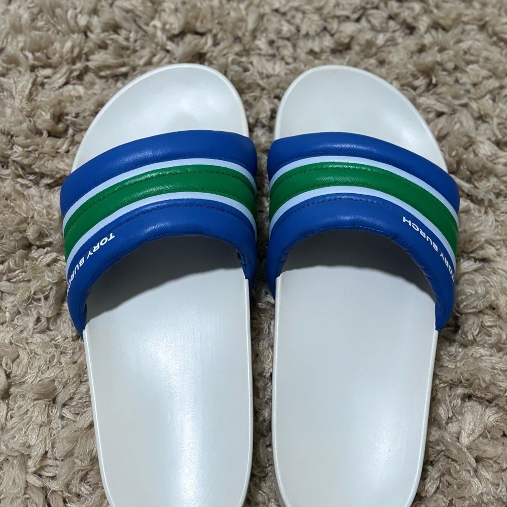 Tory Burch Blue and Green Striped Slides - Picture 4 of 11